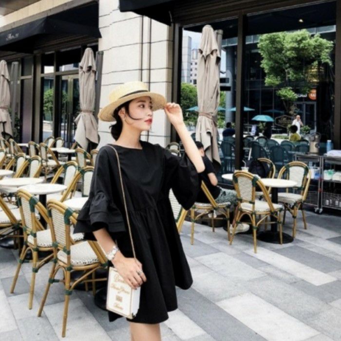 一部即納 オリジナル ＊ 8color 袖フリル Aライン ミニ丈 ワンピース