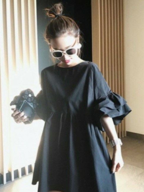 一部即納 オリジナル ＊ 8color 袖フリル Aライン ミニ丈 ワンピース