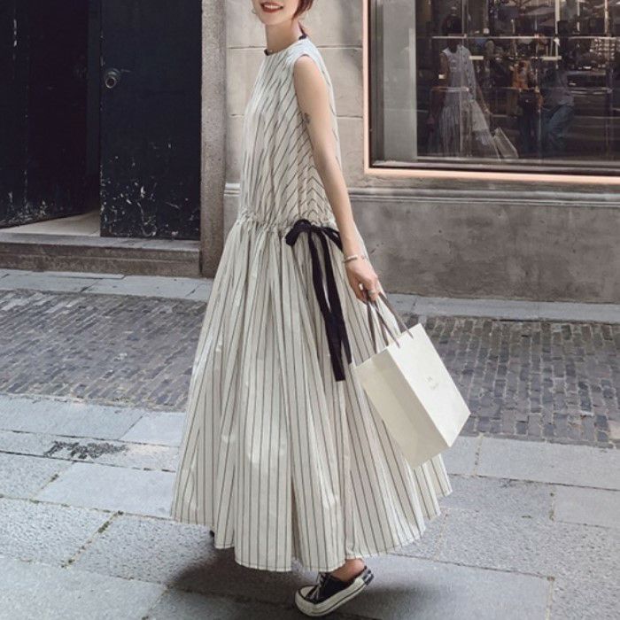 即納 バックボタン ウエストリボン ストライプ マキシワンピース