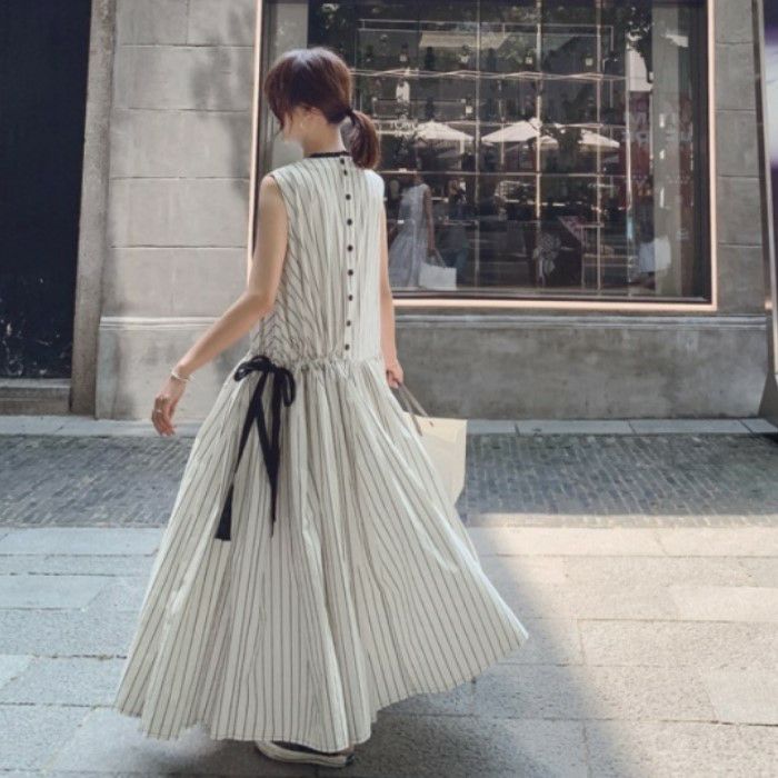 即納 バックボタン ウエストリボン ストライプ マキシワンピース