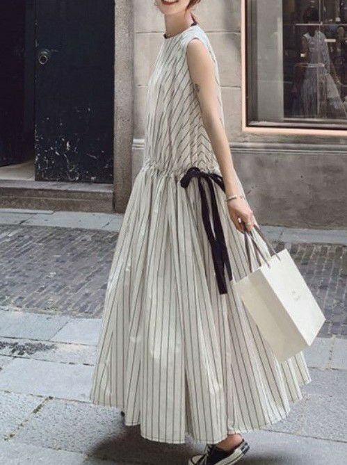 即納 バックボタン ウエストリボン ストライプ マキシワンピース