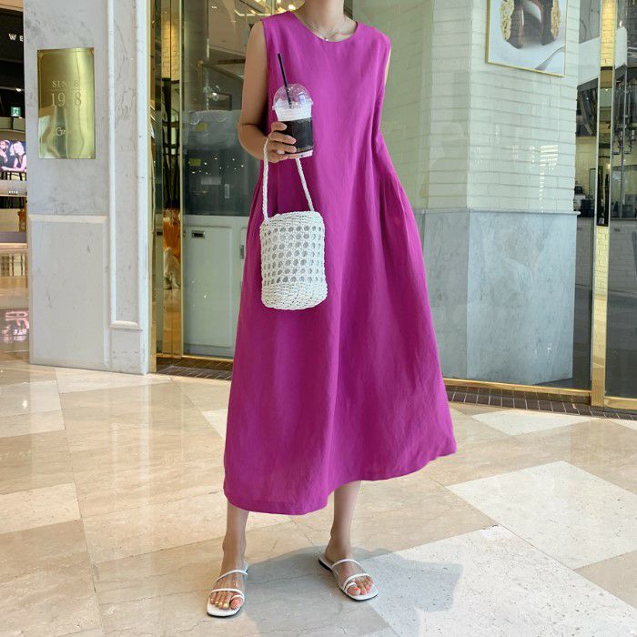 予約 綿麻 ノースリーブ ウエストタック ワンピース ロング | LiLiRena
