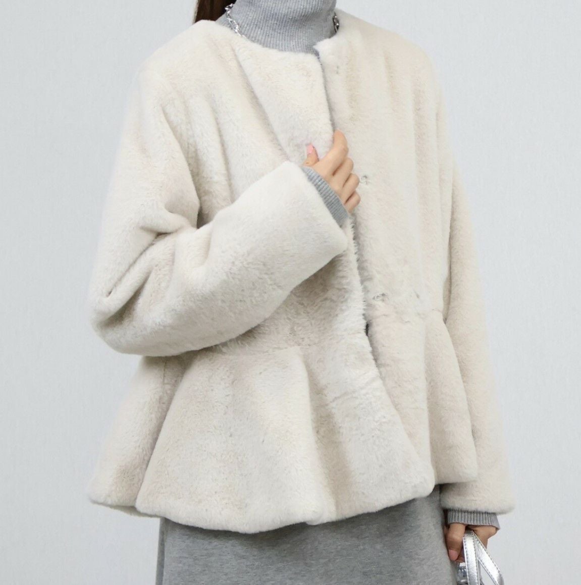 即納 4color ペプラム エコファー フェイクファー ジャケット コート