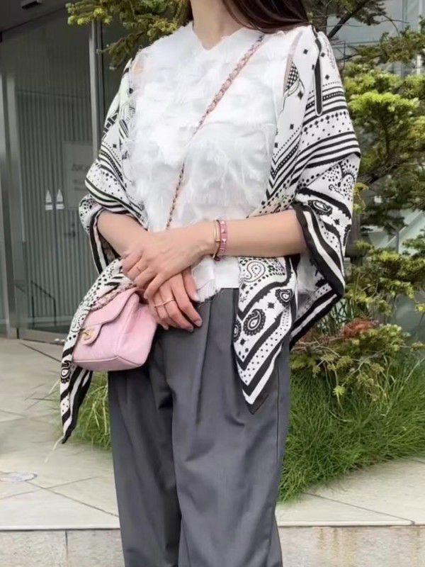 LiLiRena 大判スカーフCashmere Horse scarf ストール パールゴム付き 再販 White Black 即納 3color Cashmere Horse scarf