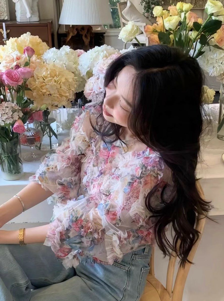 ヴィンテージフラワートップス 即納 2color Vintage flower tulle pullover | LiLiRena