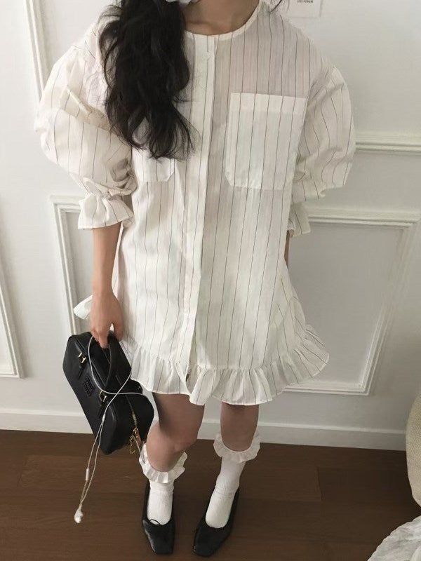 予約 3color ストライプ 裾フリル シャツ ワンピース | LiLiRena