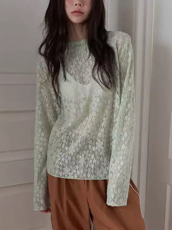 予約 3color フラワーレース シアーロングスリーブ トップス | LiLiRena