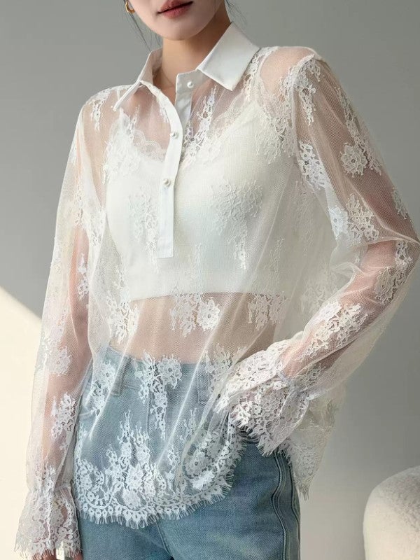 早期価格 予約 2color フラワーレース シアーシャツブラウス | LiLiRena