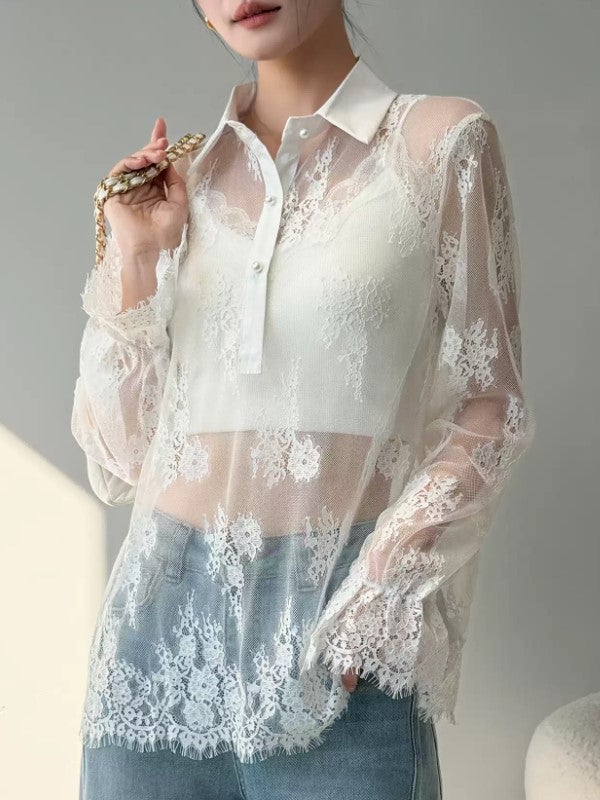 早期価格 予約 2color フラワーレース シアーシャツブラウス | LiLiRena