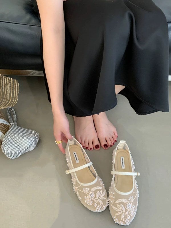 早期価格 予約 2color フラワーパール刺繍 シアーメッシュ ストラップ