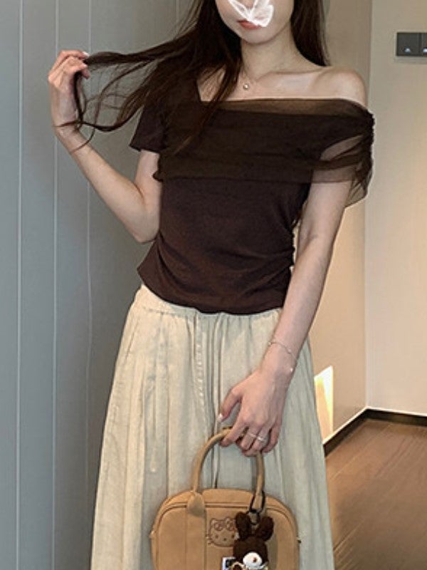 予約 2color シアードレープ アシンメトリーネック カットソートップス